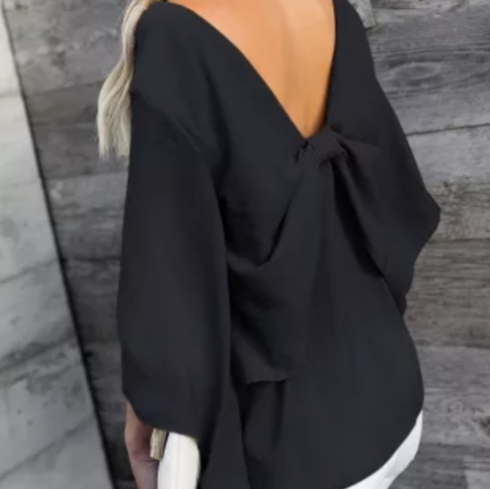 Black Blouse With Back Sexy Bowknot